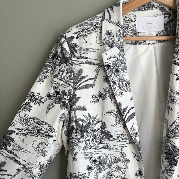 H by HALSTON Medium Linen Blend Blazer Jacket Cream Black Tropical Print Office - Picture 5 of 16